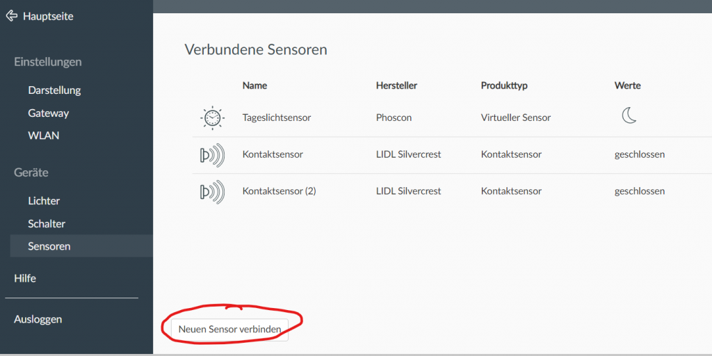 In der Phoscon App neuen Sensor Verbinden